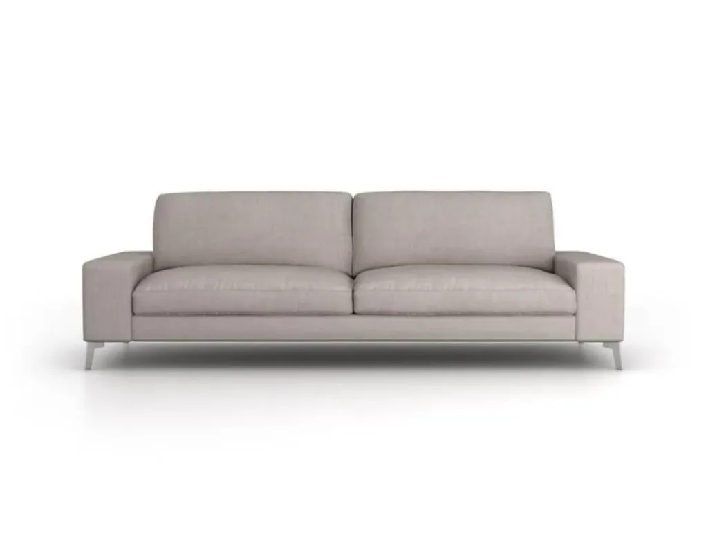 Sofá Zow en gris claro de líneas rectas, con dos cojines de asiento, brazos anchos y patas metálicas finas