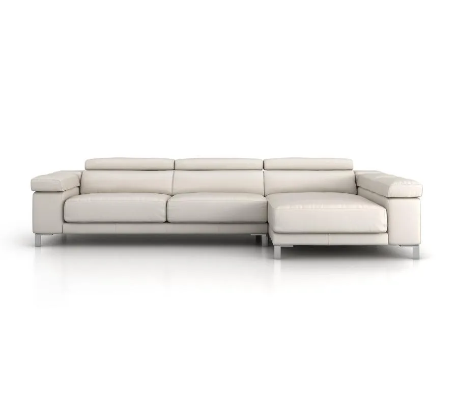 Sofá Batu blanco roto con chaise longue a la derecha, de frente y con los cabezales subidos