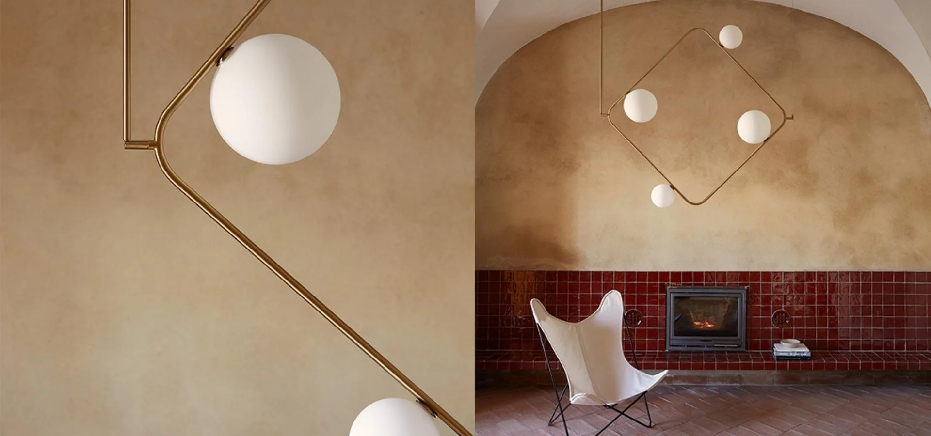 Lámpara colgante de varilla dorada con globos blancos, en detalle y en una sala abovedada con chimenea