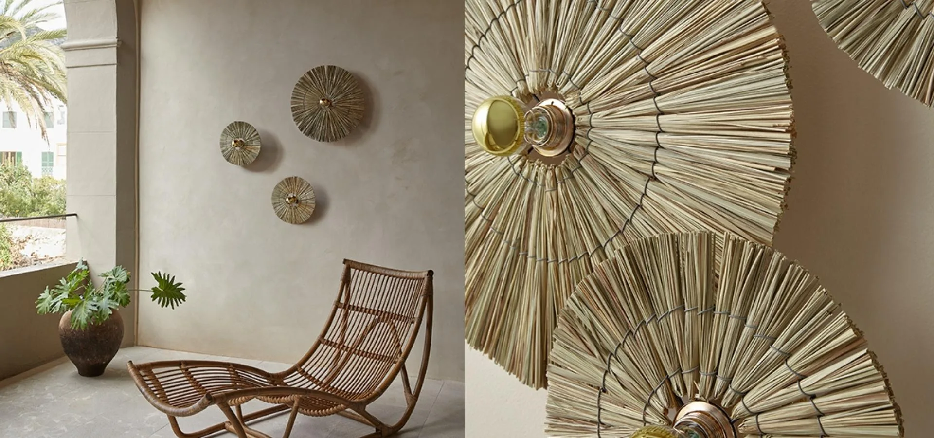Apliques redondos de fibra natural en un muro beige junto a una tumbona trenzada, y detalle de los discos