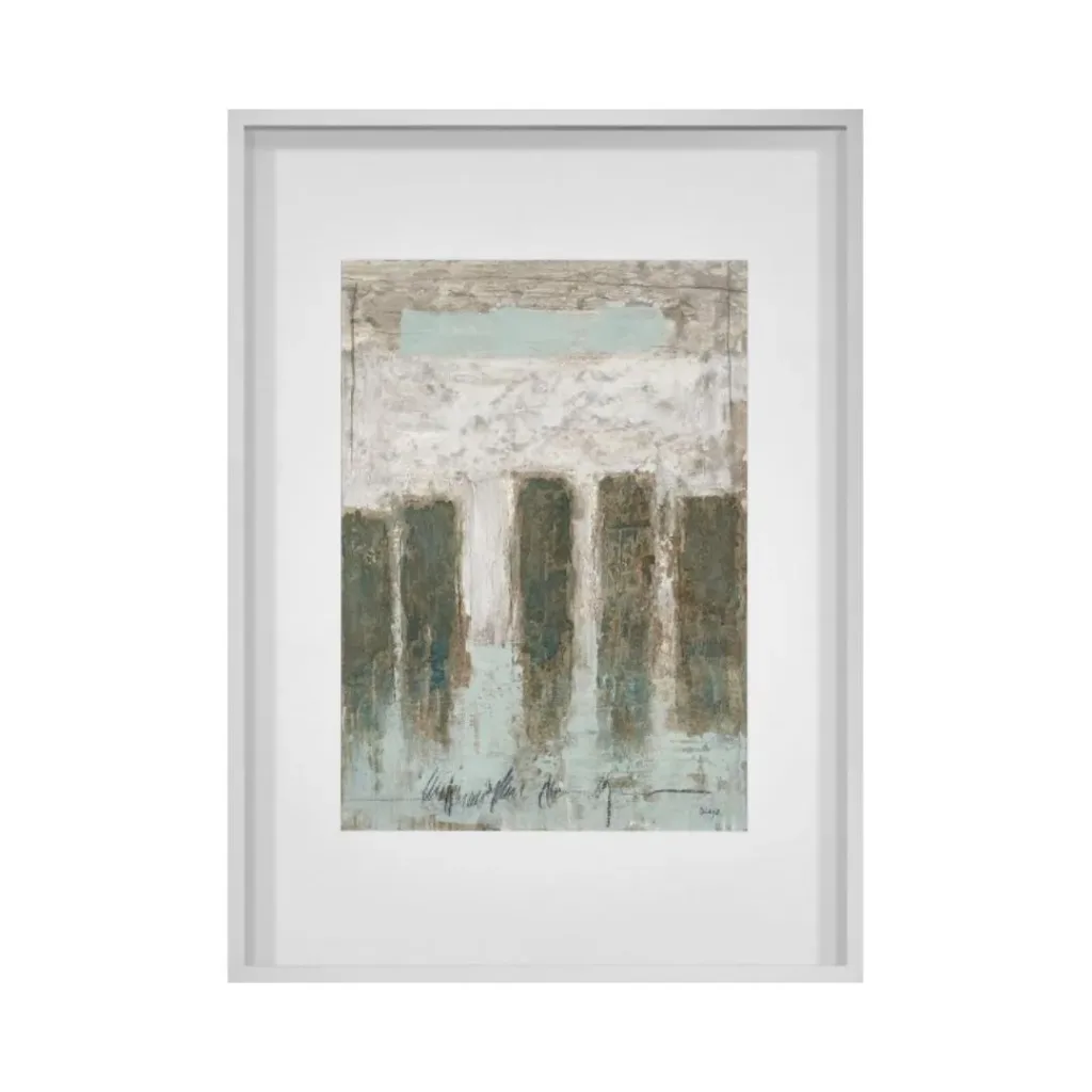 Cuadro abstracto con columnas verde oliva sobre fondo blanco y aguamarina, paspartú blanco y marco gris claro