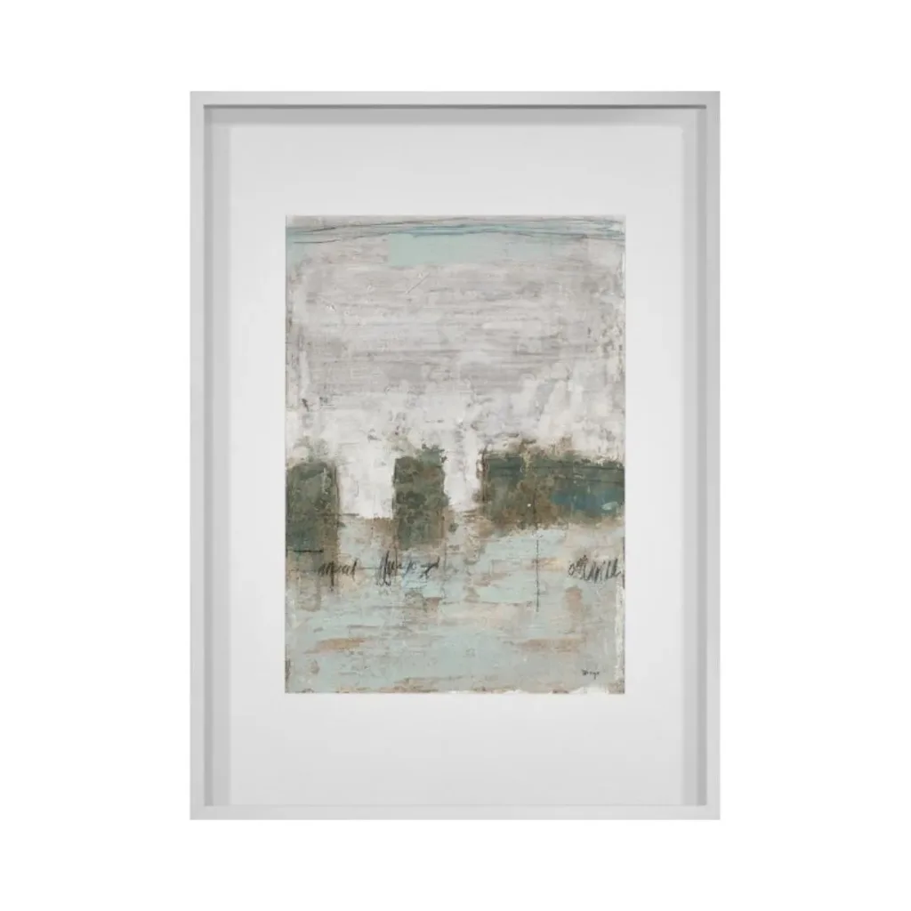 Cuadro abstracto con bloques verdes bajos sobre un horizonte gris y aguamarina, paspartú y marco gris claro