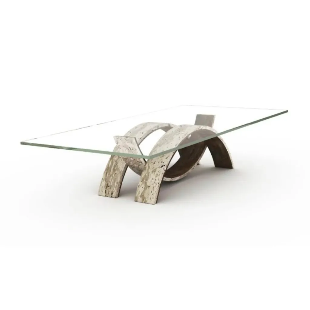 Mesa de centro con sobre rectangular de cristal y base de piezas curvas entrelazadas en tono piedra