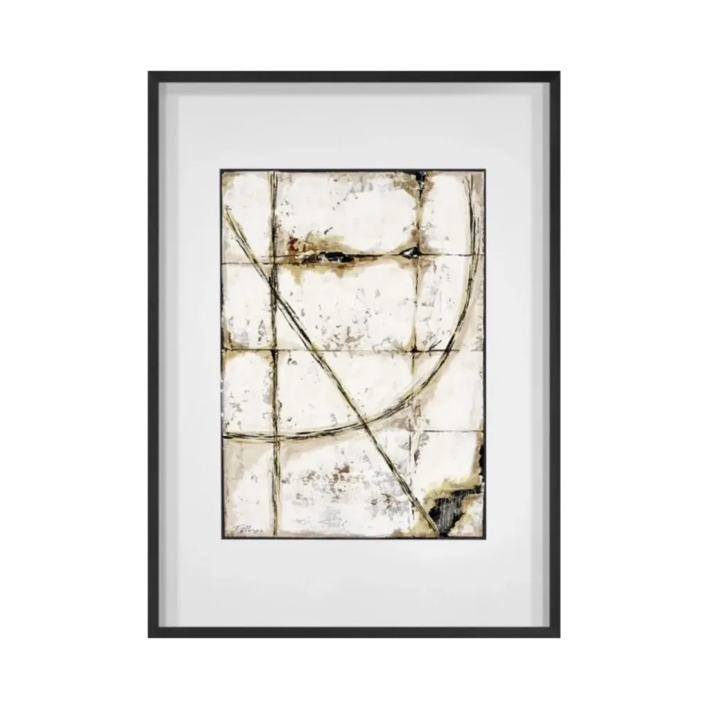 Cuadro en blanco con retícula de líneas en tono dorado, una diagonal y un arco, con paspartú y marco negro