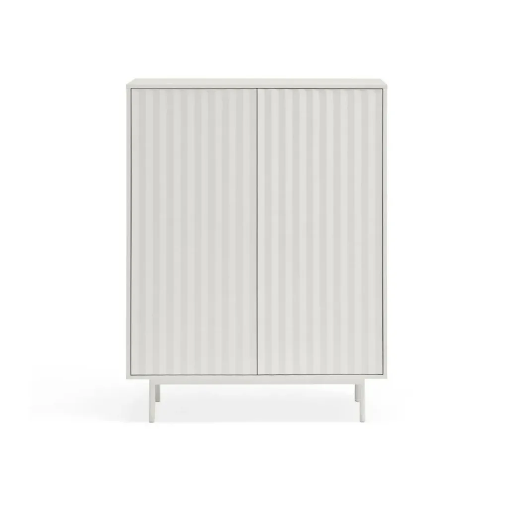 Mueble alto blanco de dos puertas con frente ondulado vertical y patas finas