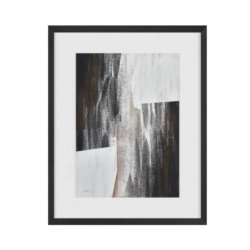Cuadro abstracto en negro, marrón y blanco con trazos verticales, paspartú blanco y marco negro