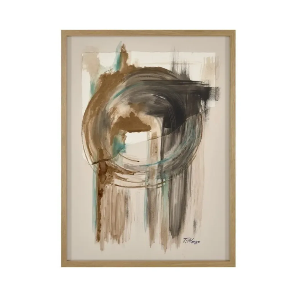 Cuadro abstracto con un círculo de pinceladas marrones, negras y turquesa que gotean, marco en tono madera