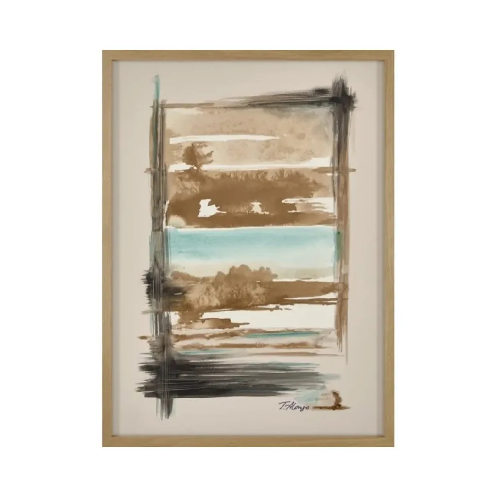 Cuadro abstracto de franjas horizontales marrones, turquesa y negras entre trazos cruzados, marco tono madera