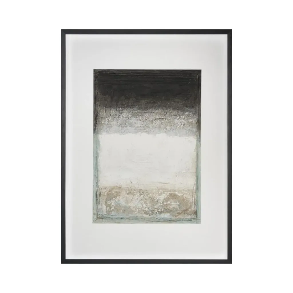 Cuadro abstracto en degradado de negro a blanco con una franja arena abajo, paspartú blanco y marco negro