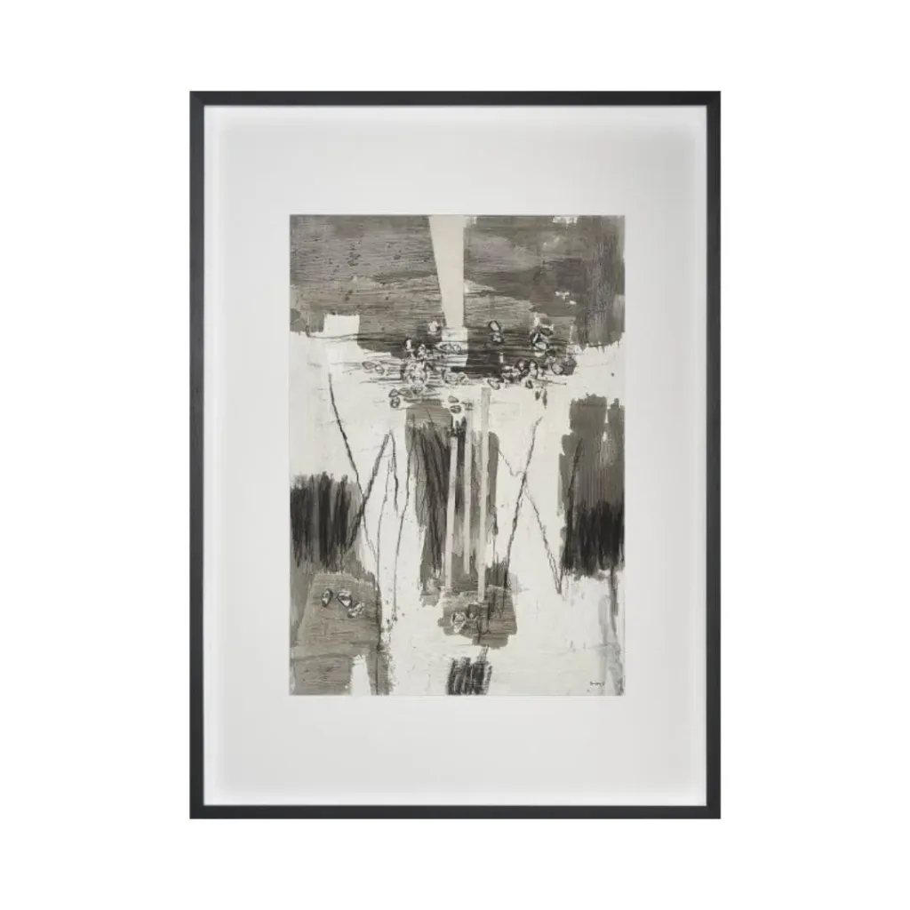 Cuadro abstracto en grises y negro con trazos verticales y garabatos sobre blanco, paspartú y marco negro