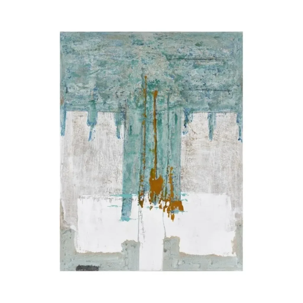 Lienzo abstracto con textura turquesa que gotea sobre blanco y gris, con regueros color óxido en el centro