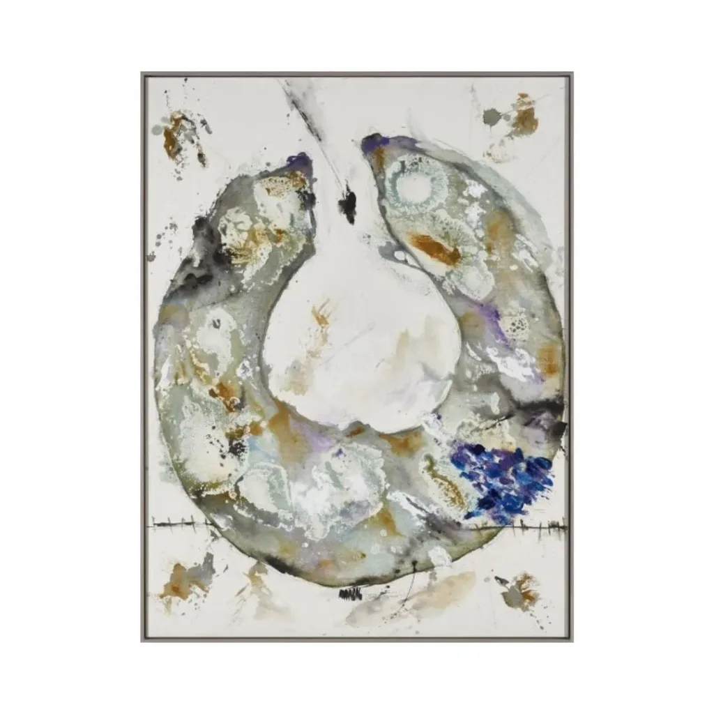 Lienzo abstracto con un anillo cerrado en gris verdoso, centro blanco y una mancha azul marino a la derecha