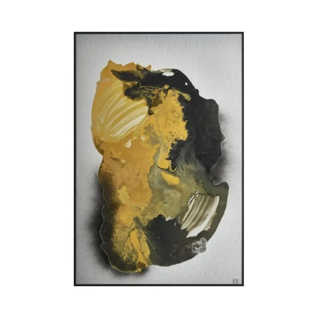 Lienzo abstracto con una mancha amarilla y negra de trazos blancos sobre fondo gris claro, marco negro fino
