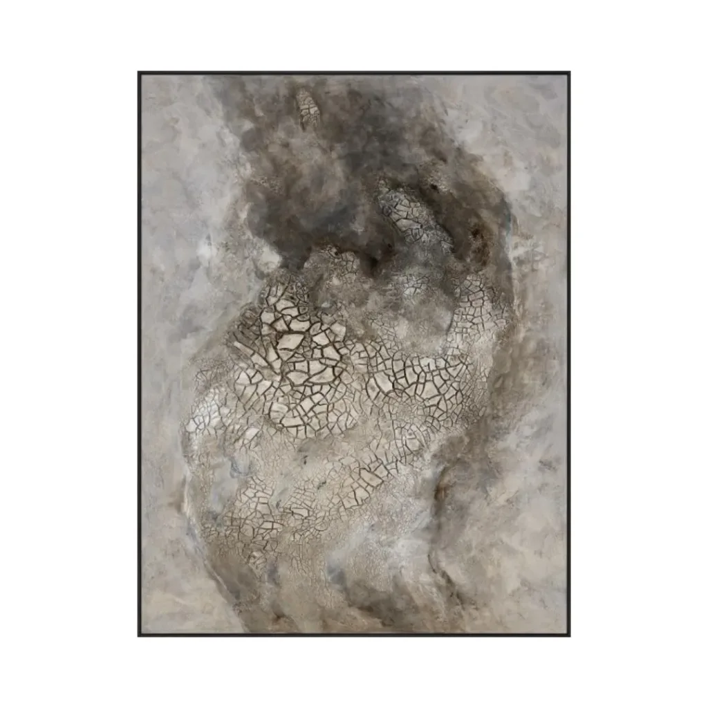 Lienzo con textura craquelada en tonos piedra y humo oscuro en la parte superior, con marco negro fino