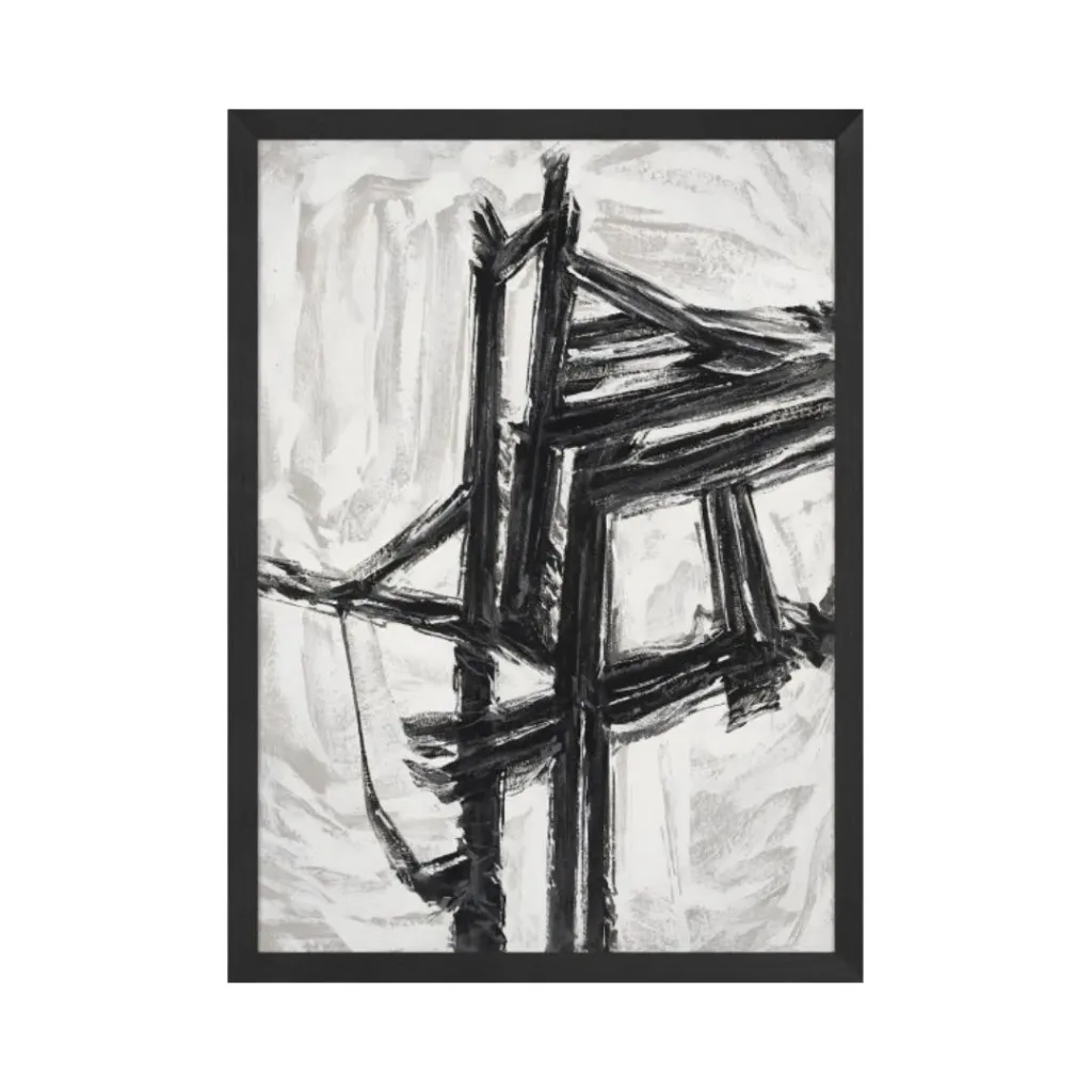 Cuadro abstracto de pinceladas negras gruesas que se cruzan sobre fondo blanco y gris, marco negro