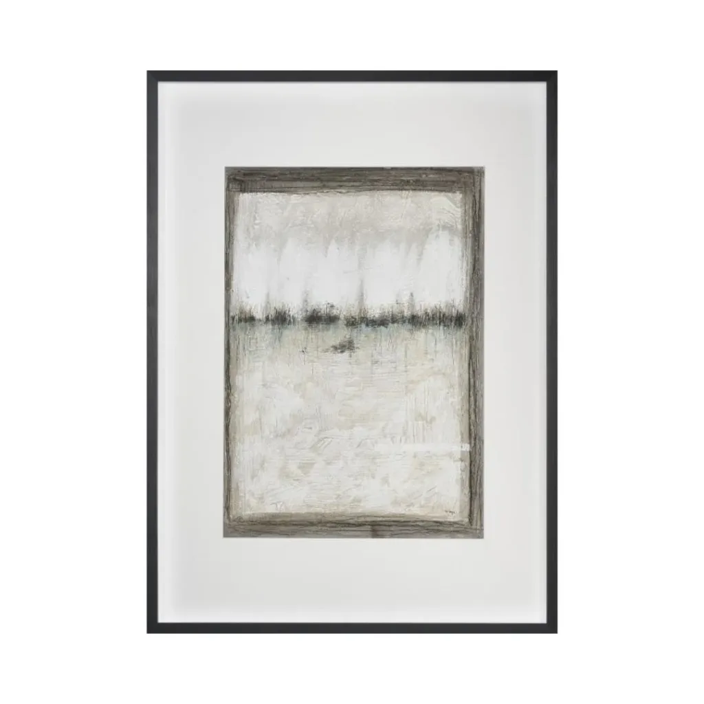 Cuadro en blanco y crema con una línea oscura de horizonte y borde gris pardo, marco negro y paspartú