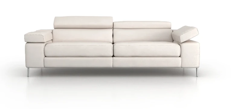 Sofá Kol en blanco roto de frente, con los brazos inclinados hacia arriba y patas metálicas finas